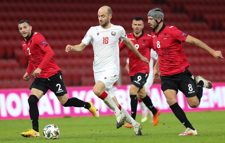 Лига наций. Албания - Беларусь. С мячом Иван Маевский. Фото БФФ